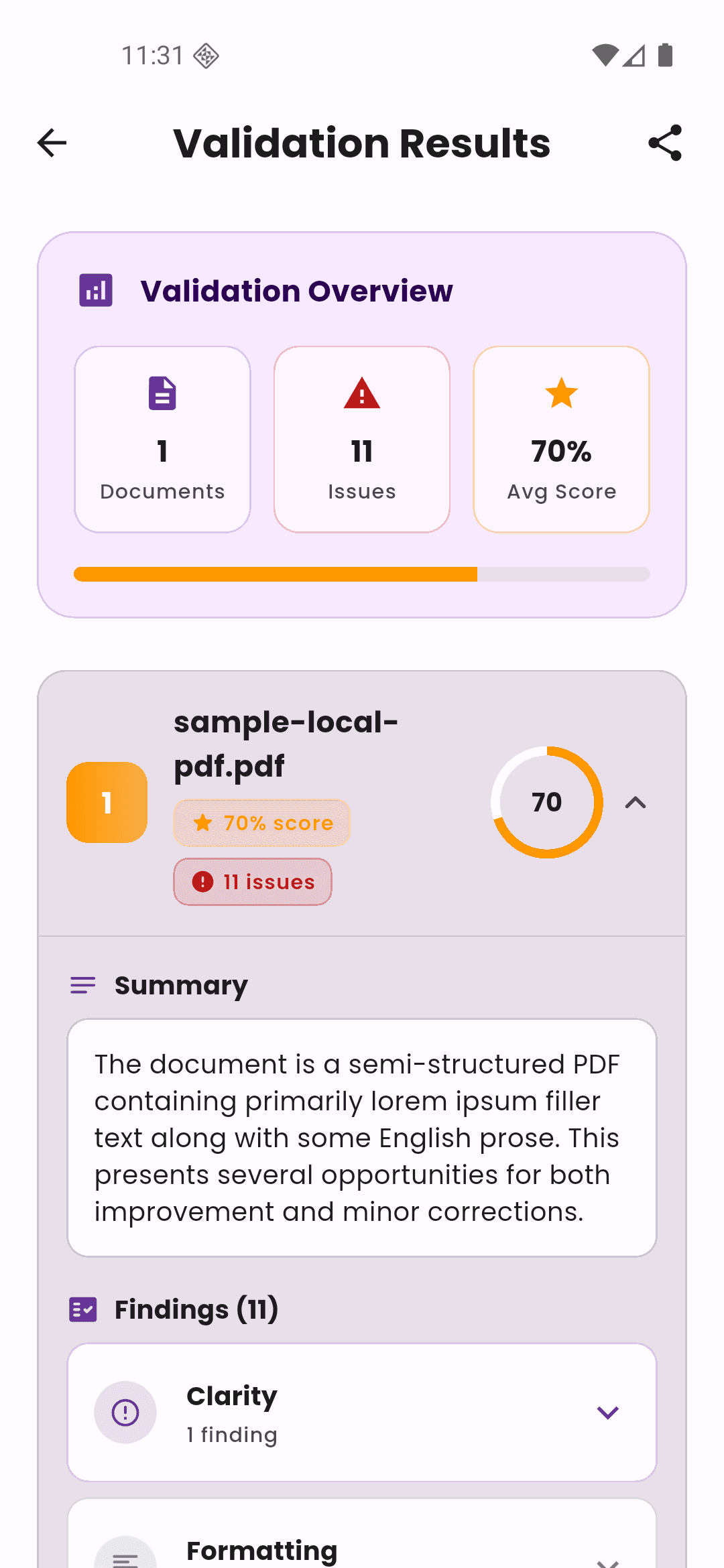 Validation Results — structured insights in DapsCnect
