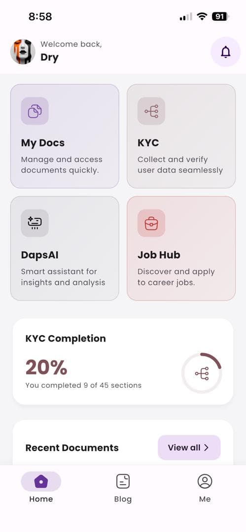 DapsCnect App — document vault screen